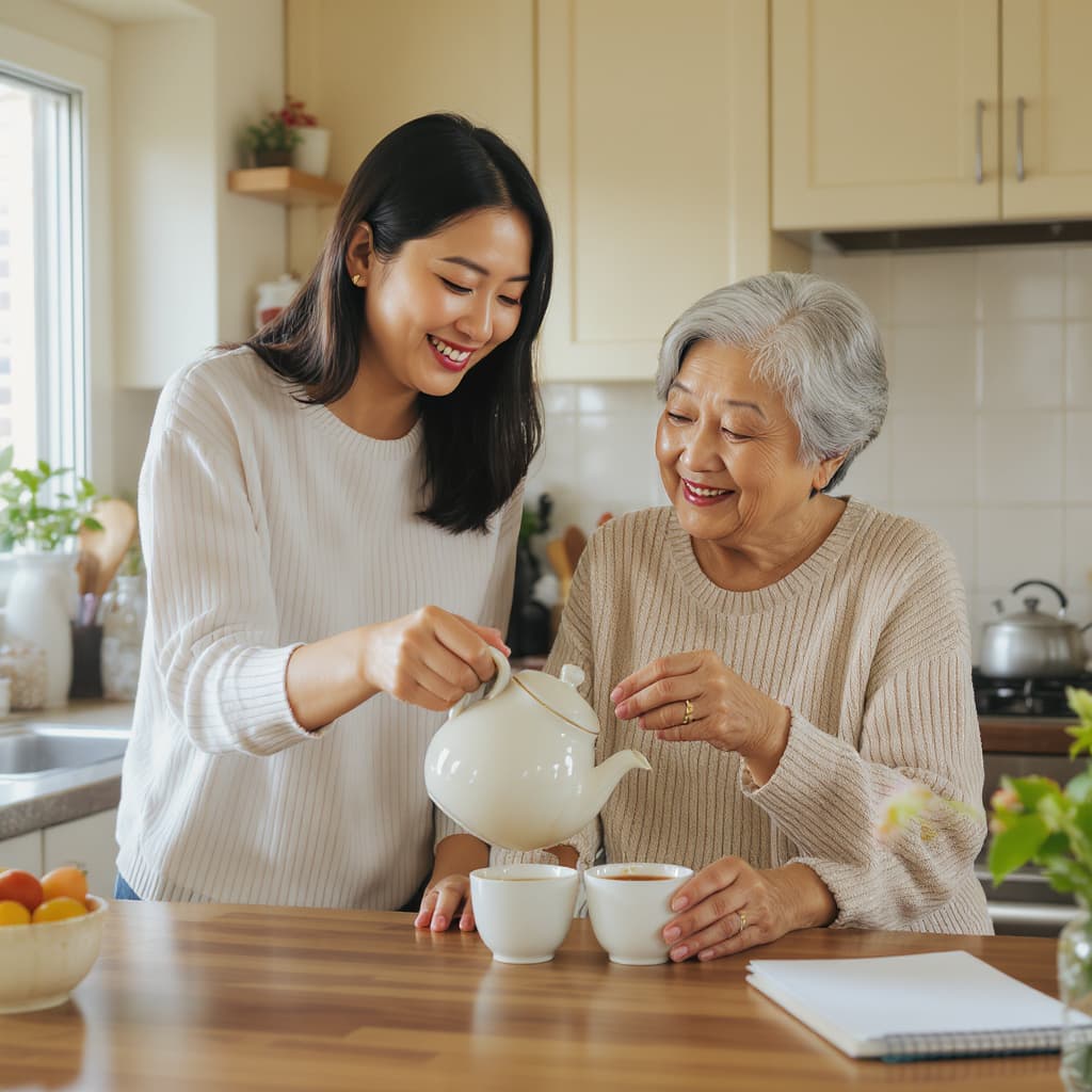 An adult daughter helps her mother pour tea at the kitchen table in morning light.